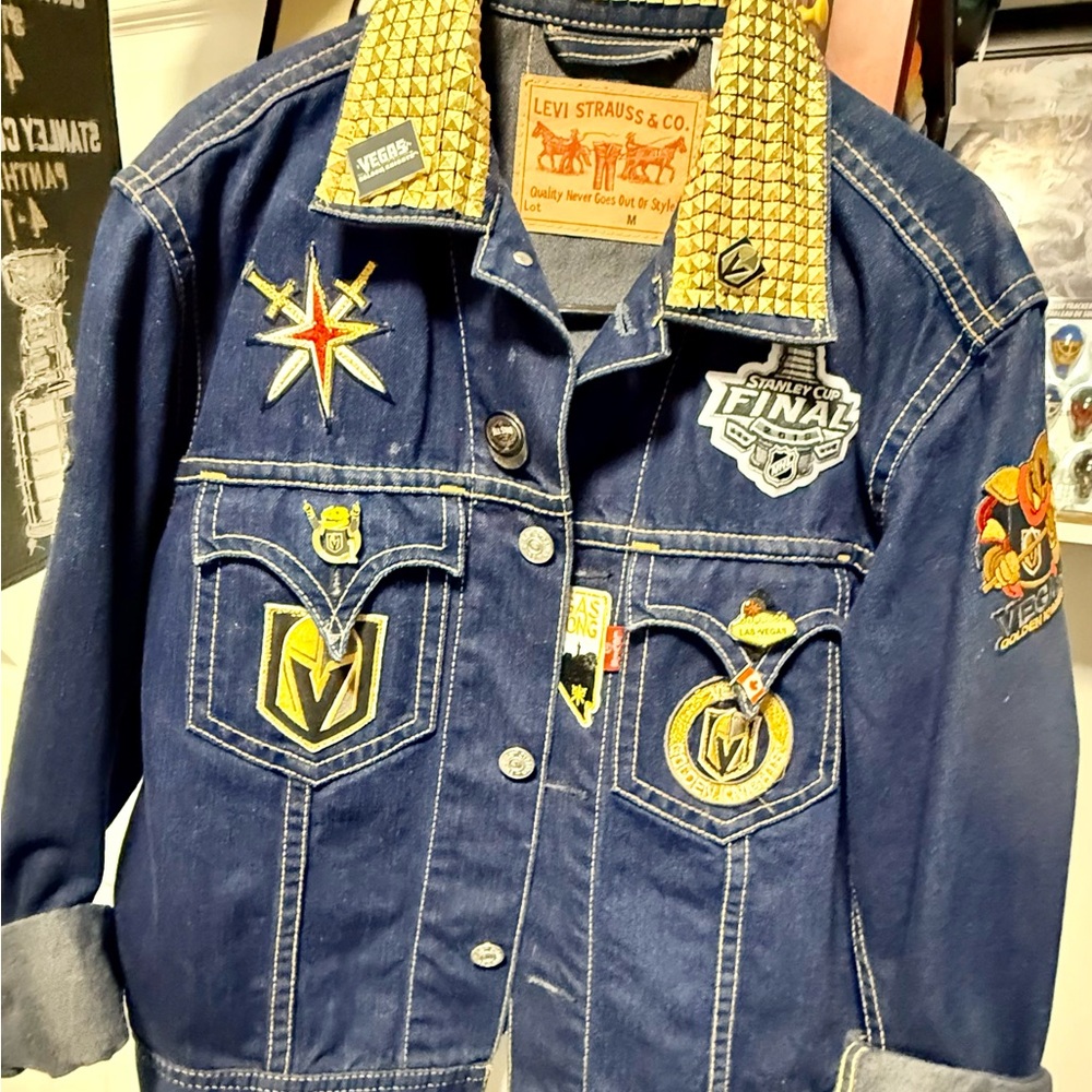 Vegas Golden Knights Custom Fan Jacket levi Denim with patches & Gold Accents